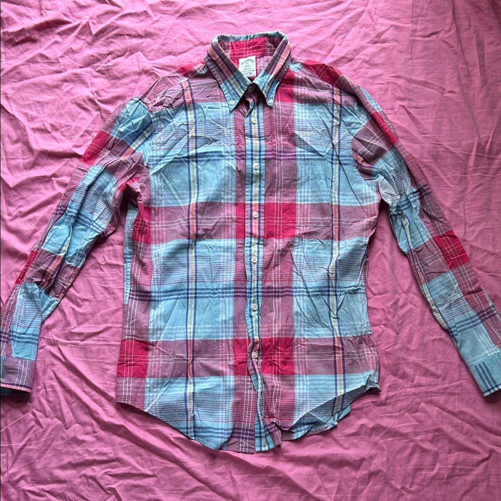 Men's Pink and Blue Plaid Lightweight Cotton Button Down Shirt, medium
